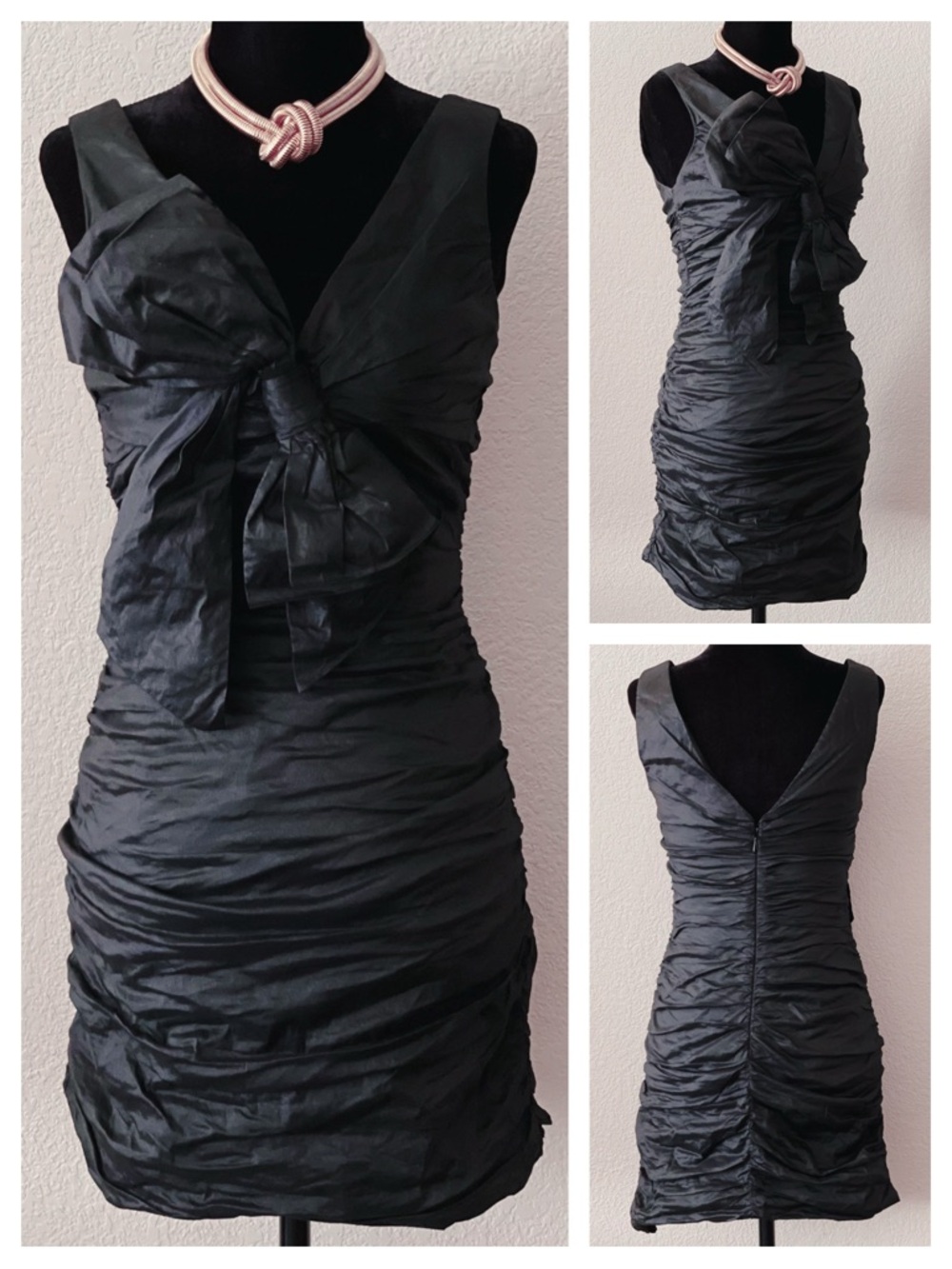 BCBGMaxAzria Ruched Front Bow Taffeta Dress